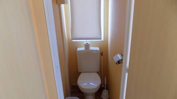 Une petite salle de bain avec des toilettes, un bidet et une fenêtre.