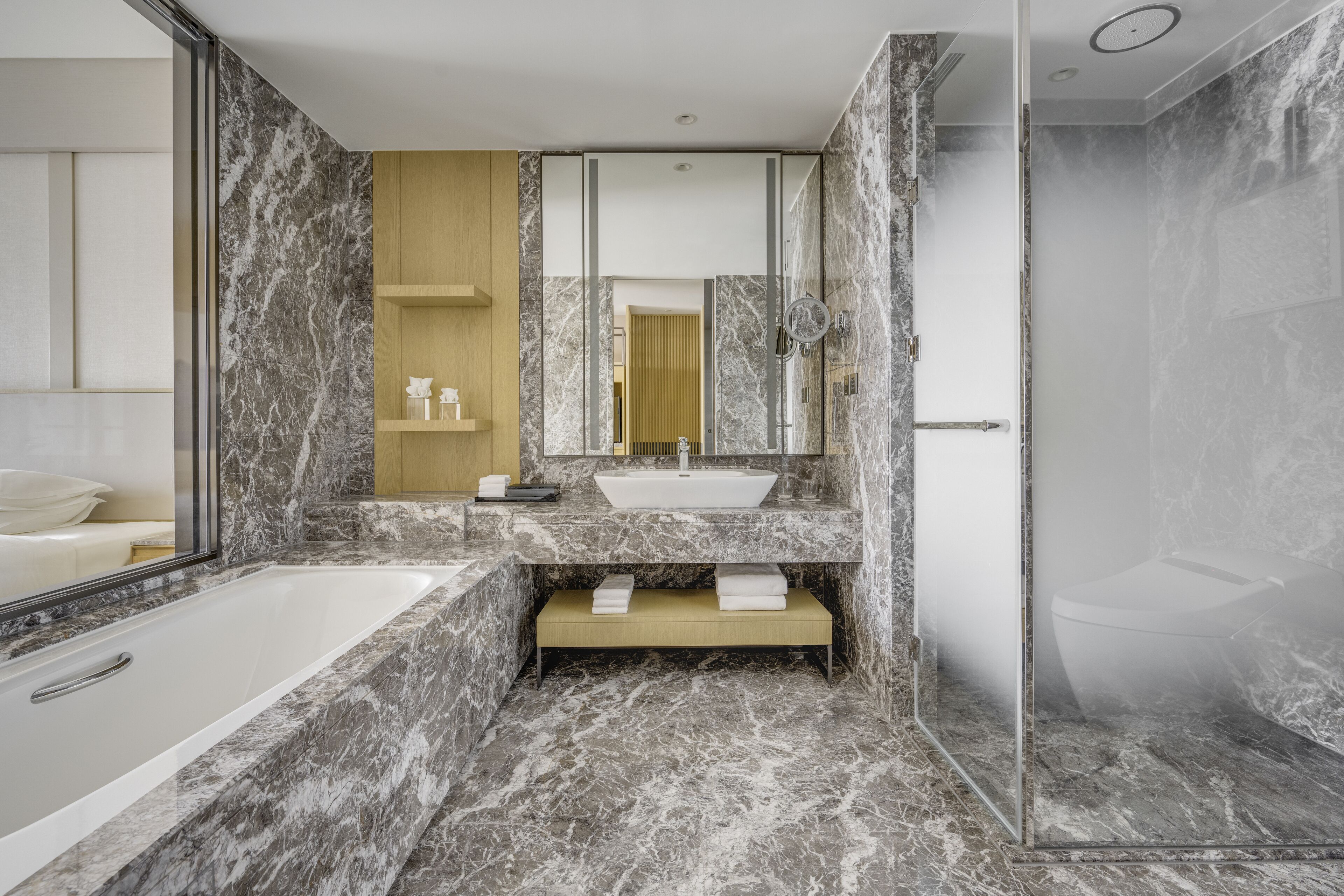 separate bathtub and shower, hair dryer, bathrobes, electronic bidet