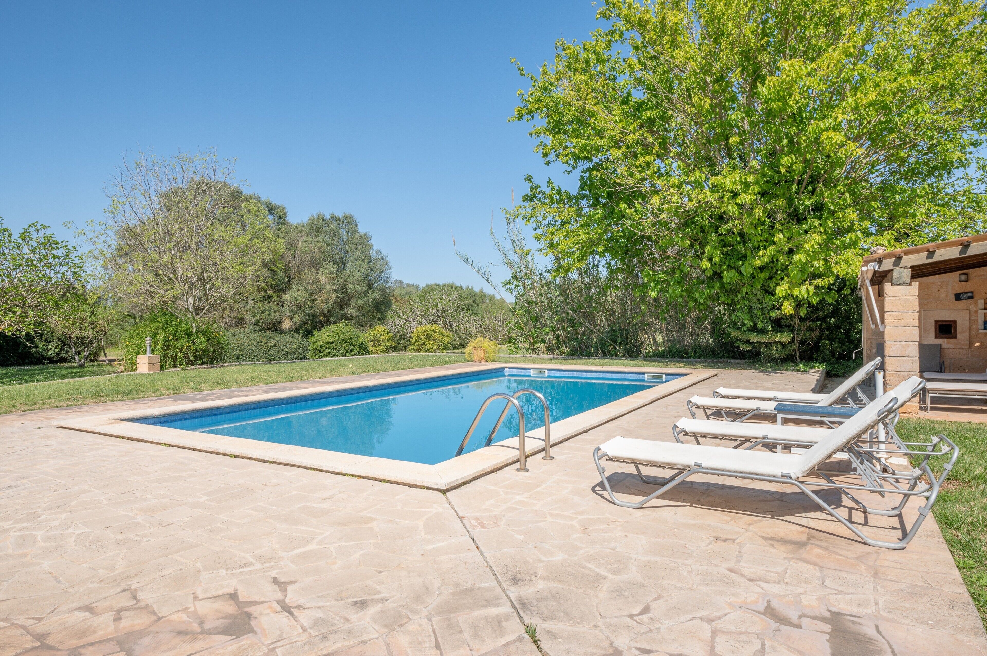 A rectangular swimming pool with a stone deck, surrounded by greenery and a building with a tiled roof.
