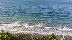 A beach with waves crashing onto the shore, surrounded by greenery.