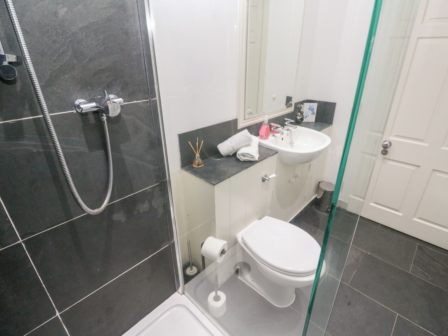 Une salle de bain moderne avec une douche à parois de verre, des toilettes blanches, un lavabo et un miroir.