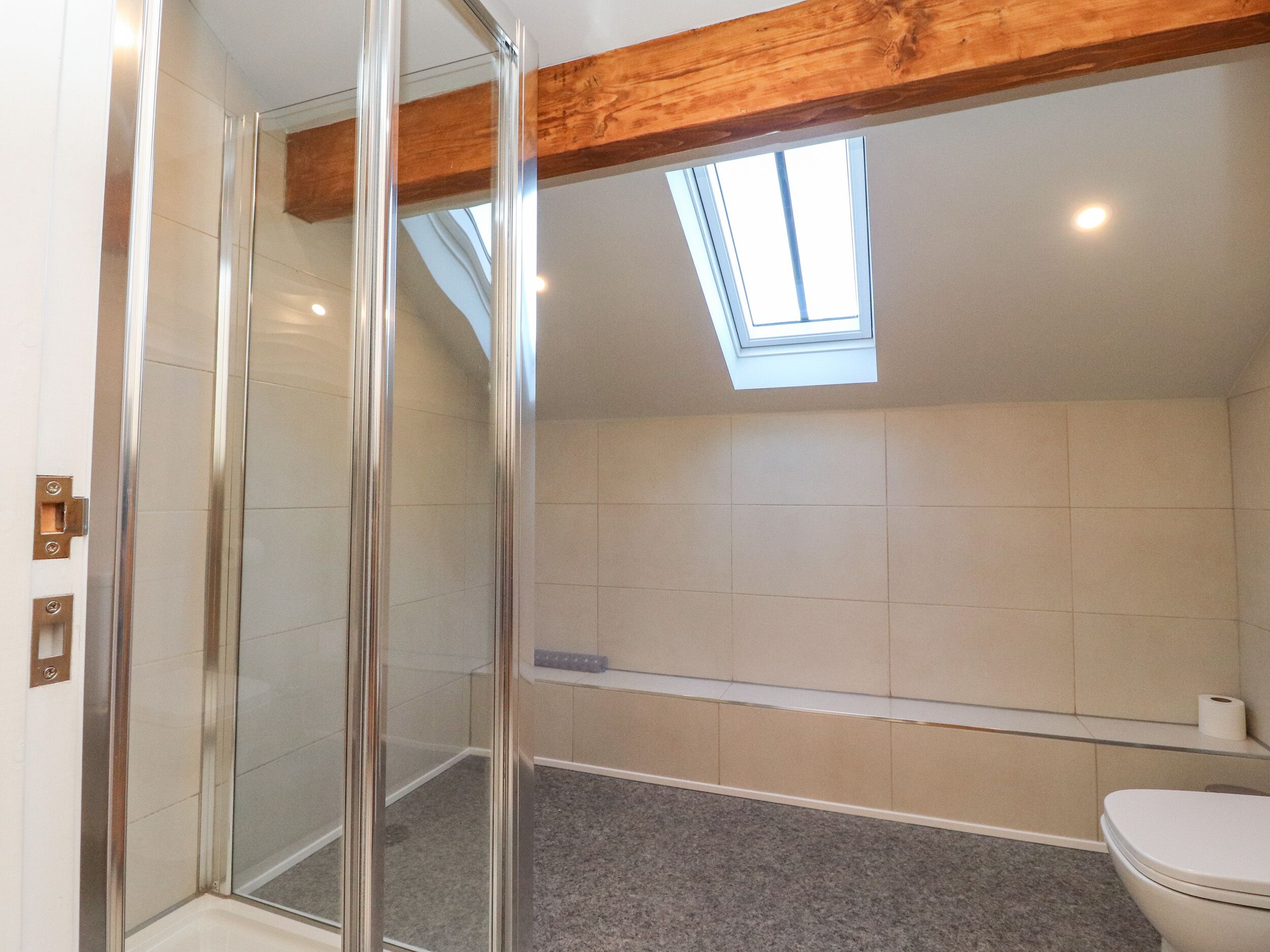 Et moderne badeværelse med brusekabine i glas, ovenlys og toilet.