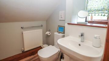 A small, compact bathroom with a toilet, sink, and radiator.