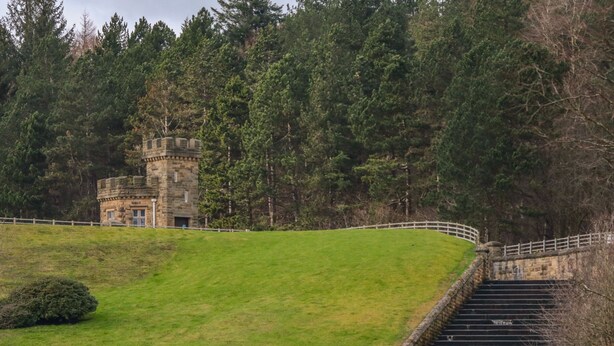 Une tour de pierre, avec un escalier menant à son sommet, entourée d’une zone herbeuse et d’arbres denses.