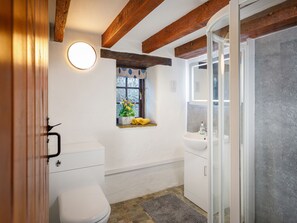 A bathroom with a toilet, sink, and window with flowers. - Little Leighs (Launceston)