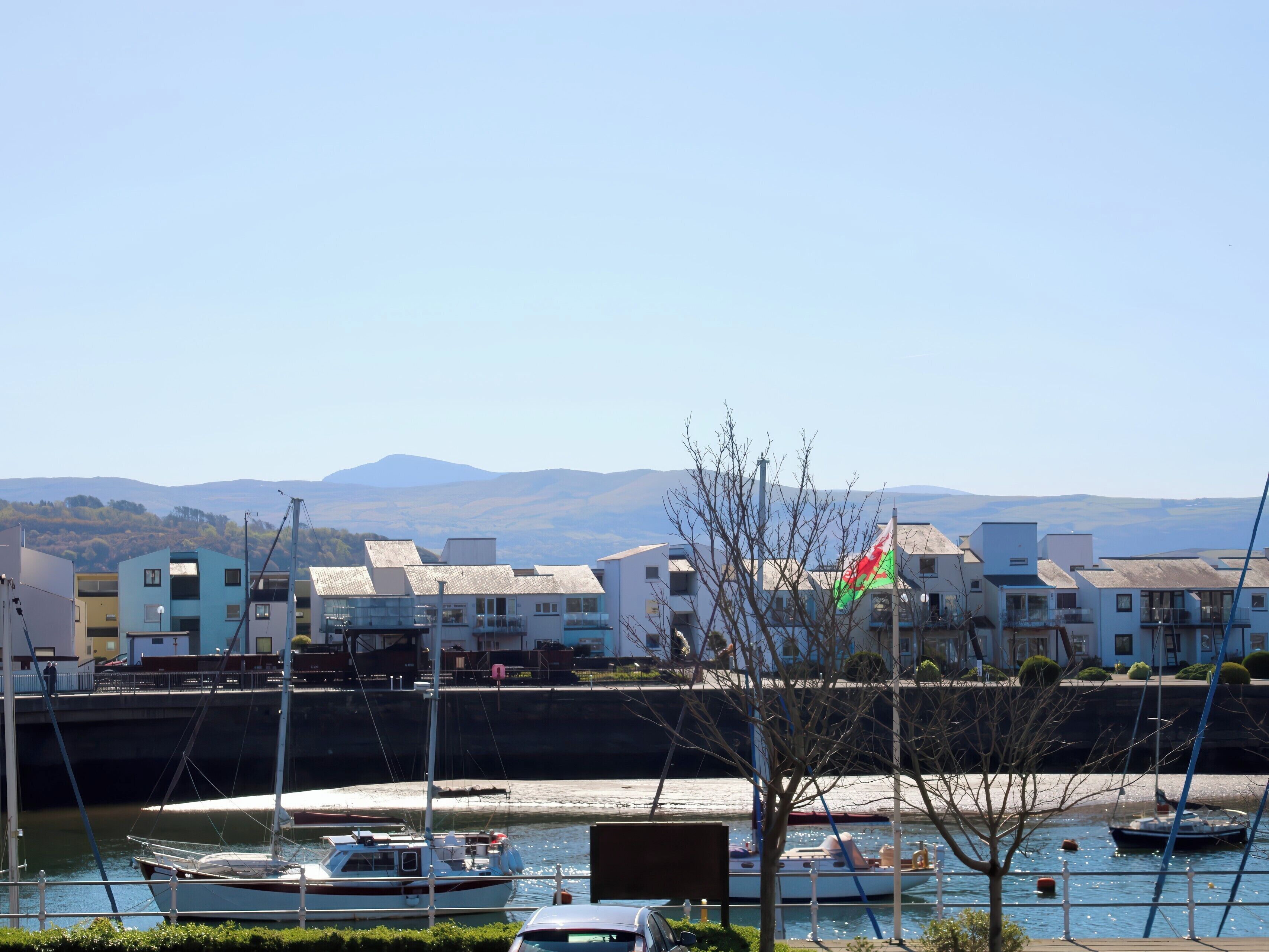 A marina with boats docked, a clear sky, and buildings in the background.