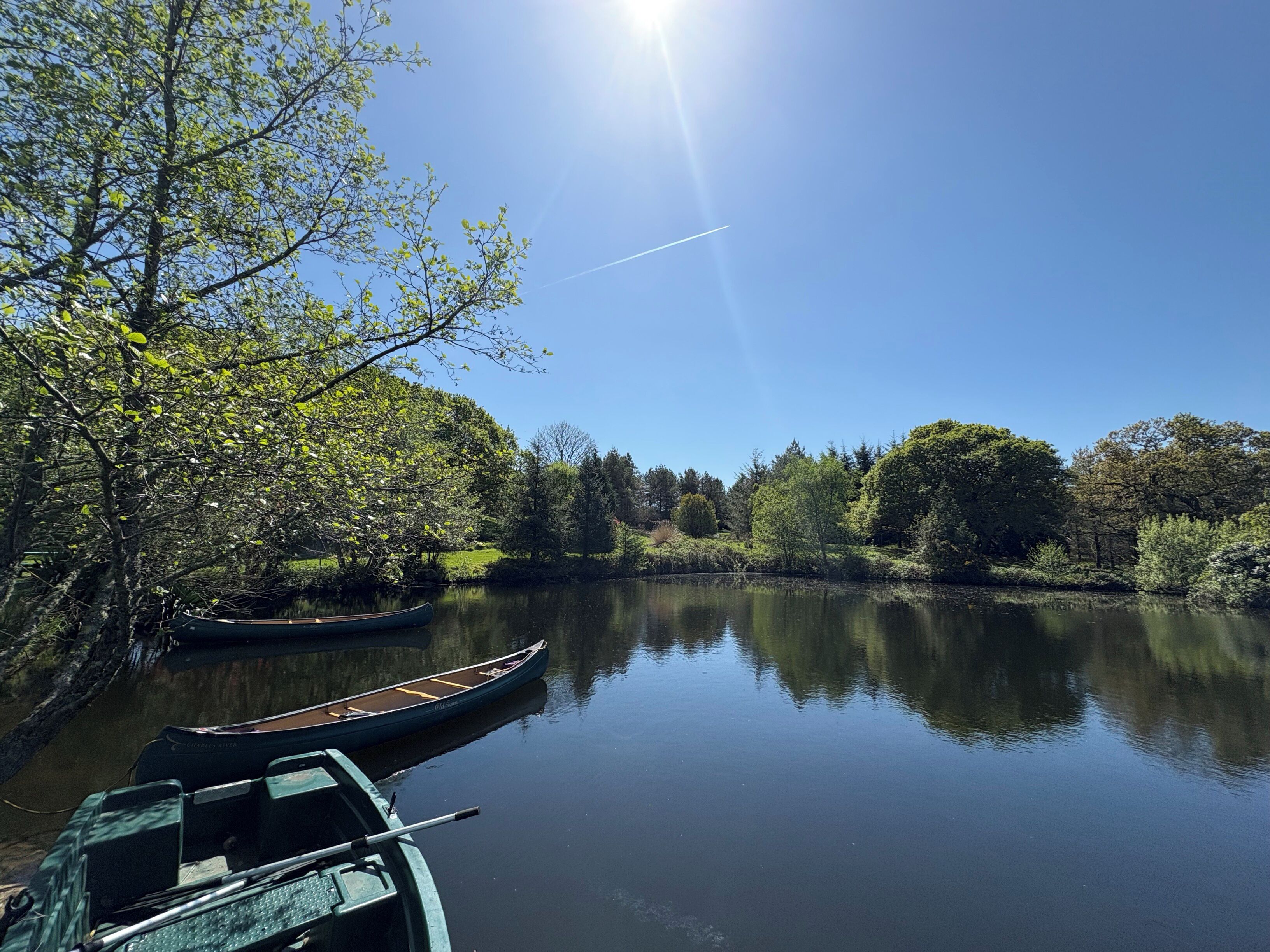 A calm river with two canoes docked on the left, surrounded by lush greenery and trees.