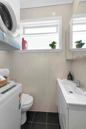 Shower, hair dryer, towels