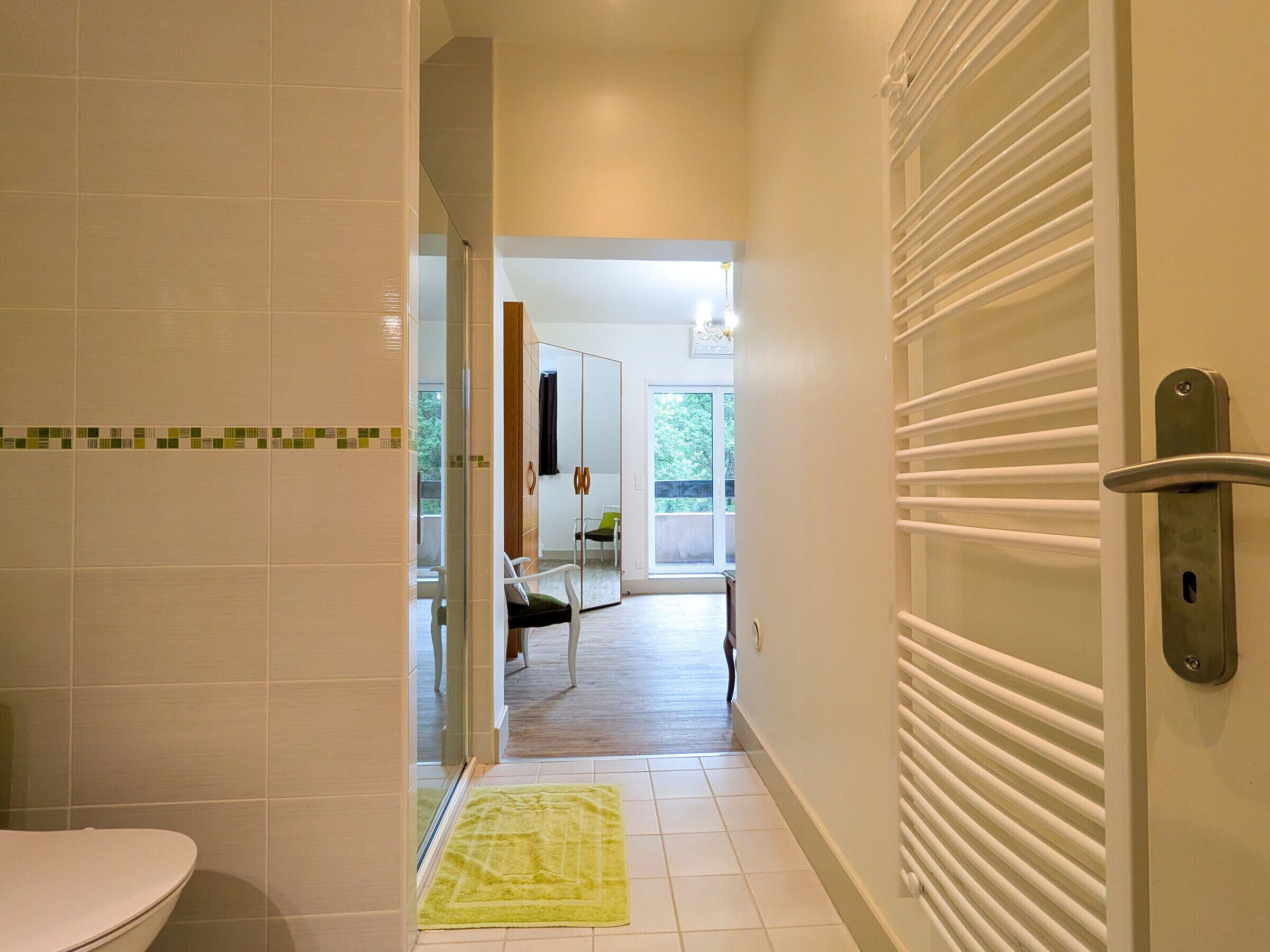 Un couloir avec des toilettes, un tapis jaune et une porte de placard à miroir.