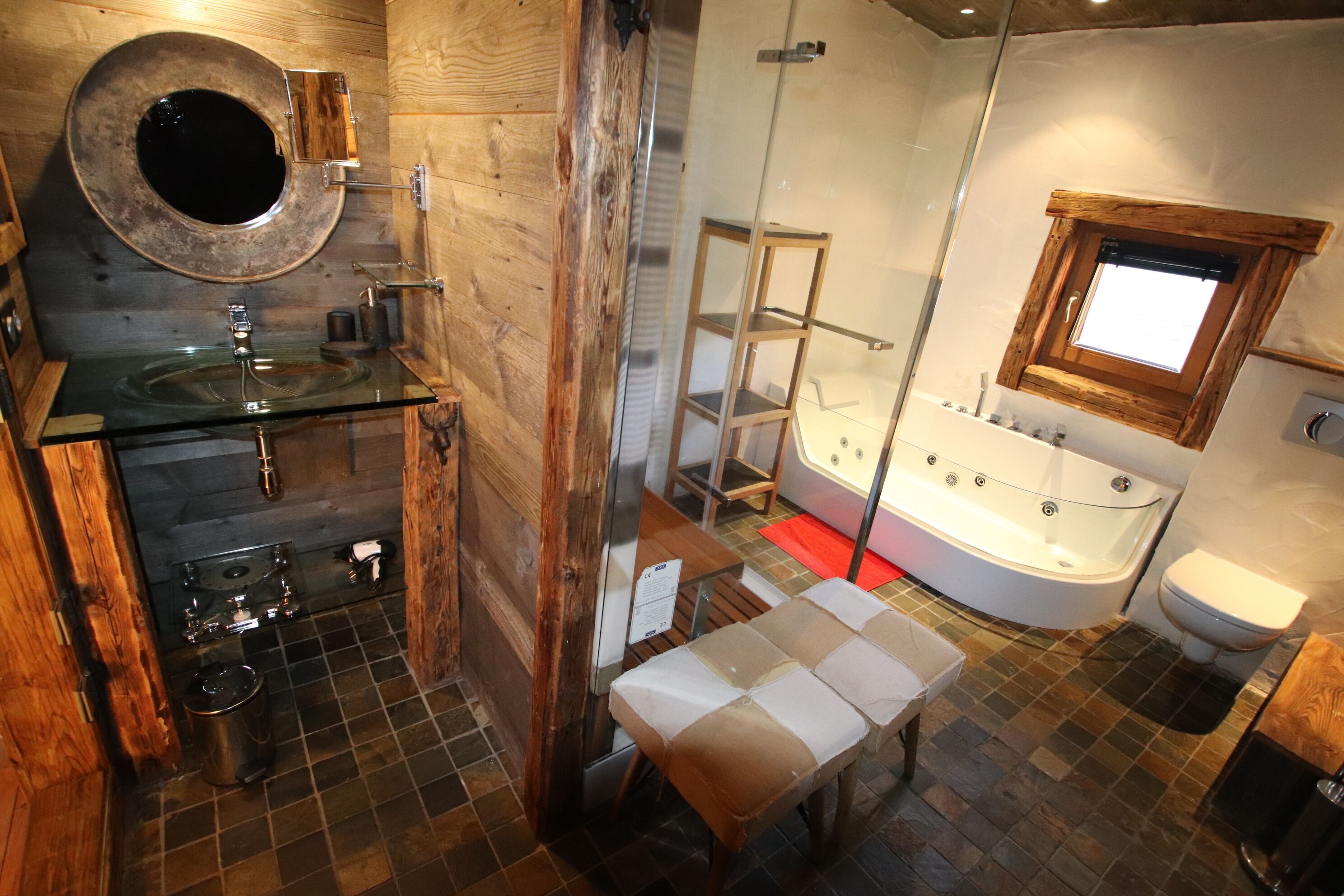 Combined shower/tub, jetted tub, hair dryer, toilet paper