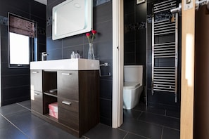 Shower, hair dryer, towels, toilet paper