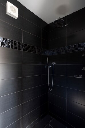 Shower, hair dryer, towels, toilet paper