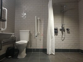 Un baño con inodoro, lavamanos y ducha.
