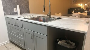 A kitchen with grey cabinets, a stainless steel sink, and a black trash bin. - Historic Section of Sebring  Townhome (Sebring)
