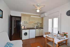 Fridge, microwave, dishwasher, coffee/tea maker