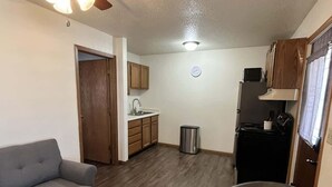 Un espacio habitable compacto con kitchenette, un sofá gris, un sillón marrón y una puerta de madera.