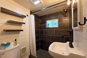 Combined shower/bathtub, hair dryer, towels, soap
