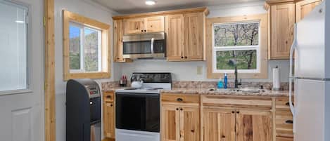 Fridge, microwave, coffee/tea maker, electric kettle