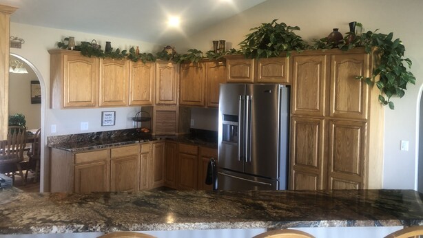 A kitchen with wooden cabinets, a stainless steel refrigerator, granite countertops, and a hanging plant. - Country house in Montrose (Montrose)