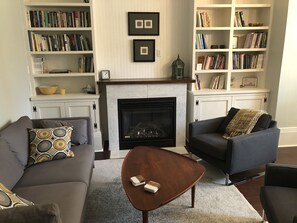 TV, fireplace, books