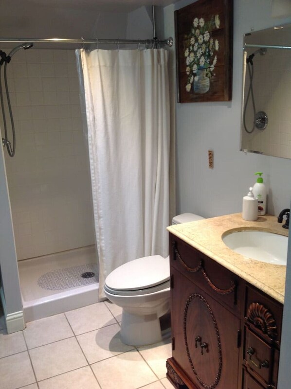 Une salle de bain équipée d’une douche, de toilettes et d’un meuble-lavabo avec un évier.