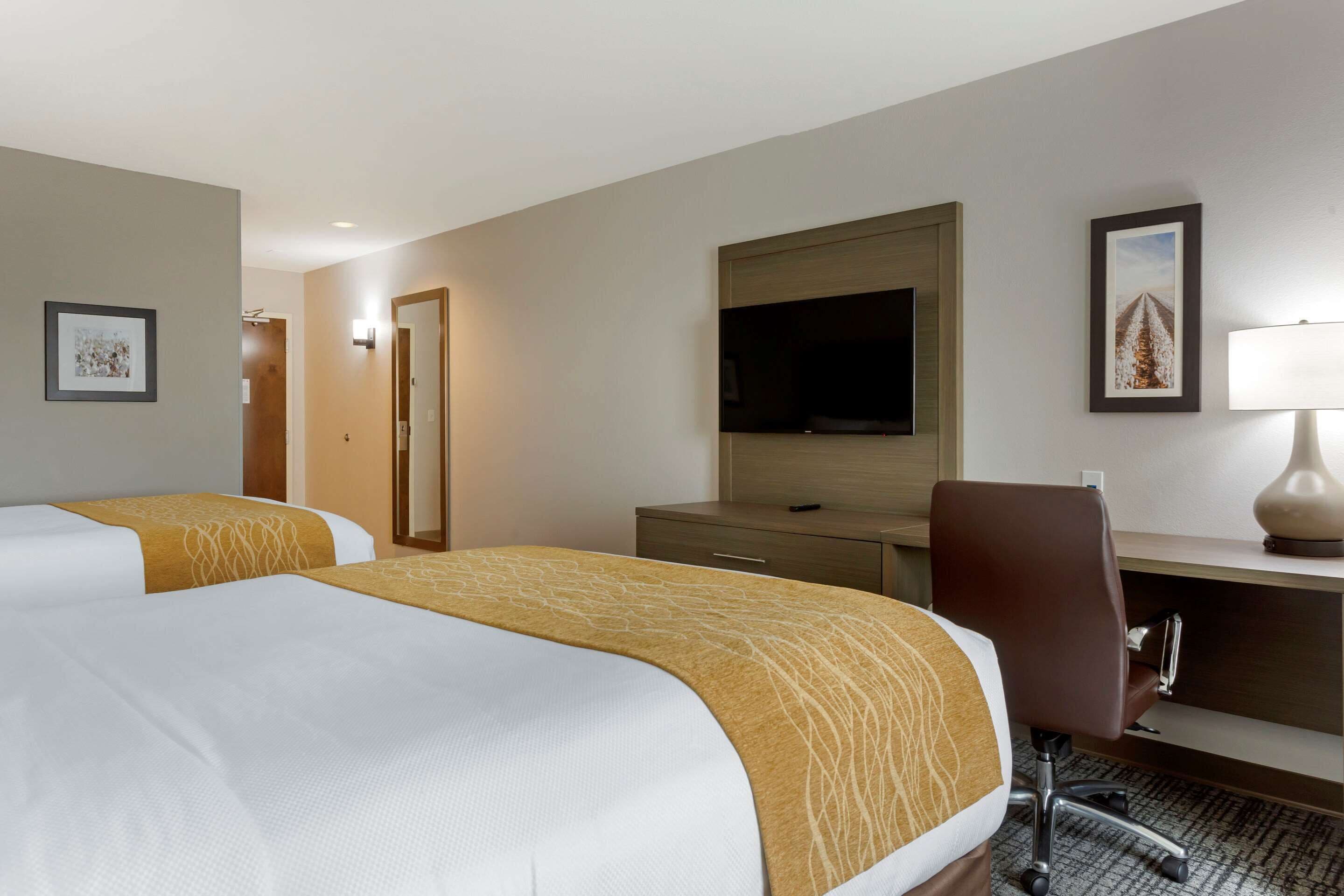 A hotel room with two beds, a desk, a chair, a TV, and a lamp.