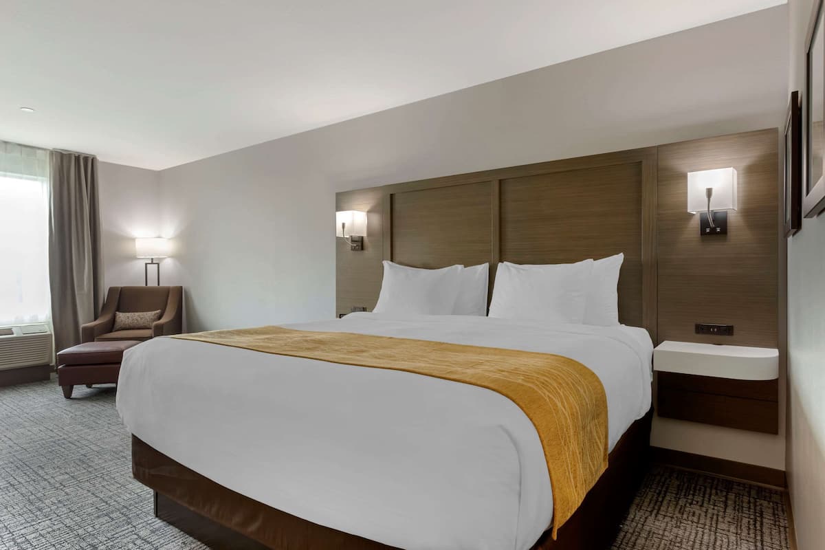 A hotel room with a large bed, a chair, a bedside table, and a lamp.