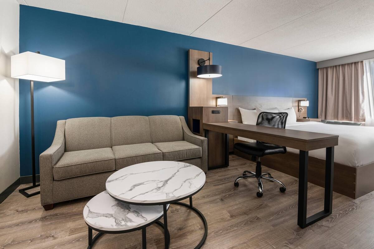 Habitación de hotel con pared azul de acento, un sofá, una cama, un escritorio, una silla y una mesa redonda.