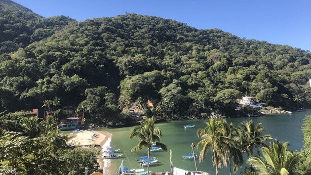 A coastal area with a beach, boats, and a mountainous backdrop.