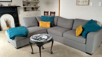 Smart TV, caminetto, lettore DVD, libri