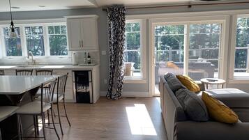 Smart TV, fireplace, books