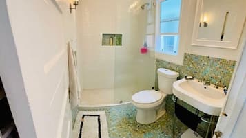 Douche, séchoir à cheveux, serviettes fournies, savon