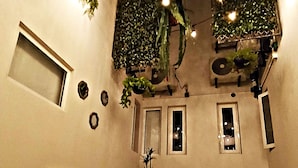 Een gezellige woonkamer met een zithoek, een salontafel en hangende planten. Er zijn twee ramen en een deur.