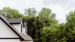 A stable with a horse, surrounded by trees and a wooden fence.