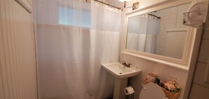 A bathroom with a shower curtain, sink, mirror, toilet, and a small shelf with toiletries.