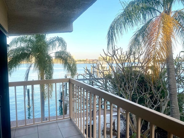 A balcony with a view of the sea and palm trees. - 4 BR Oasis, water views every room steps to beach! (Clearwater)