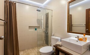 Hair dryer, towels, soap, shampoo