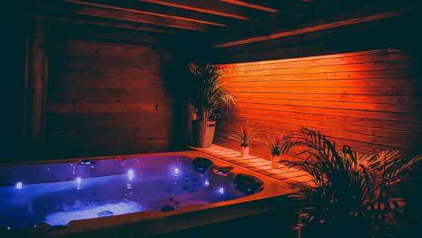 Ein Whirlpool mit Holzverkleidung und Pflanzen im Hintergrund.