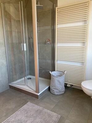 Hair dryer, towels, soap