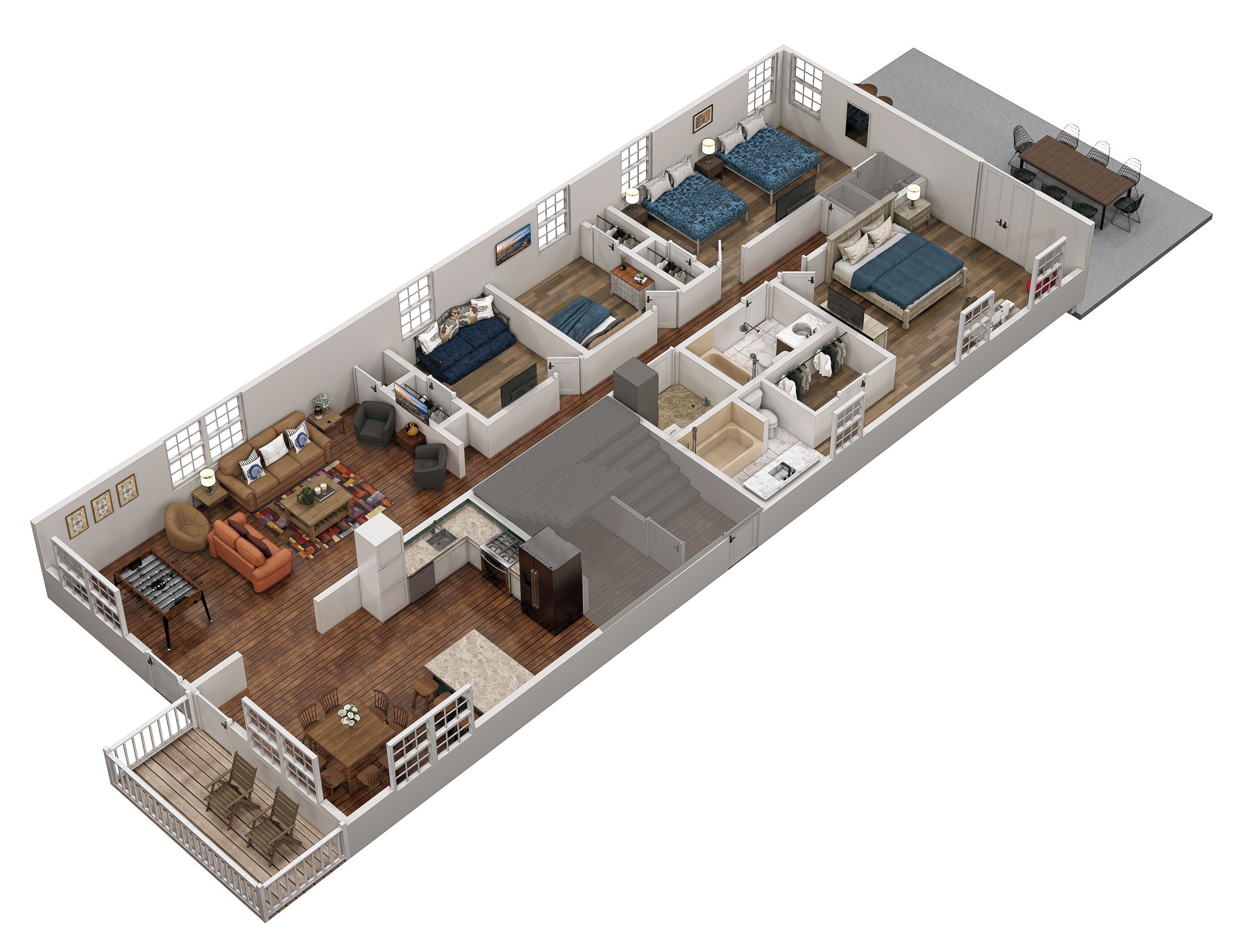 Een 3D plattegrond van een modern appartement met een woonkamer, twee slaapkamers, een keuken, een badkamer en een balkon.