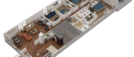 Plano de planta en 3D de un apartamento moderno con sala de estar, dos dormitorios, cocina, baño y balcón.