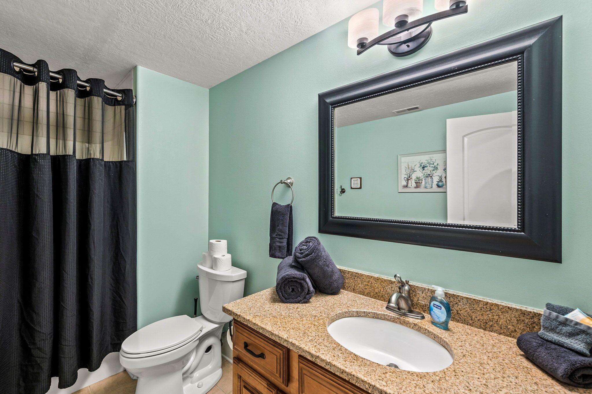 A bathroom with a white toilet, a sink with a granite countertop, a mirror with a black frame, and a shower curtain.