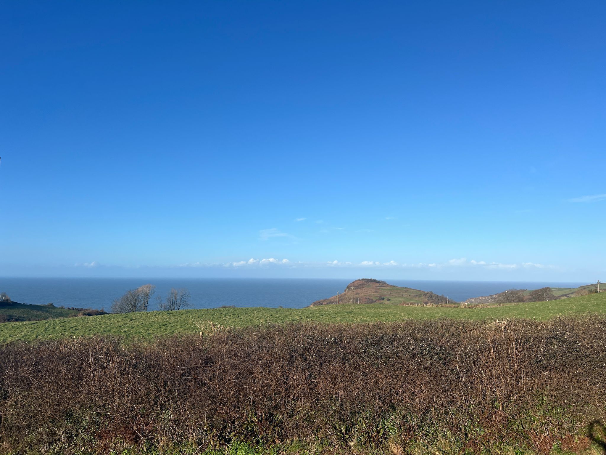 A coastal landscape with rolling hills and a clear view of the sea.