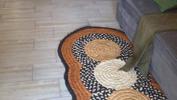 Une chambre à coucher avec un lit, un canapé gris et un tapis à motifs.