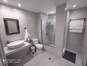 Een douche, een haardroger, een bidet, handdoeken