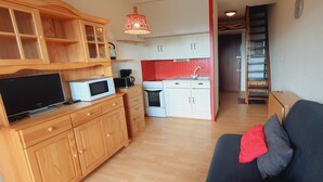 A compact living space with a kitchenette, a sofa with cushions, wooden cabinets, a television, and a red accent wall.