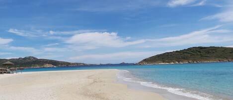 On the beach, sun loungers, beach towels