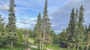 A wooden deck leading to a grassy yard with a dirt path, surrounded by tall trees and a small shed.