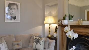 Smart TV, fireplace, DVD player, books