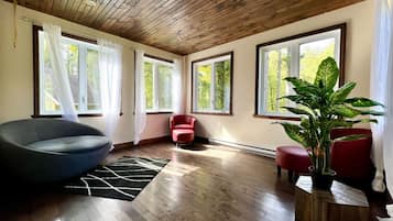 A room with a wooden ceiling, large windows, a black and white rug, a red chair, and a potted plant.